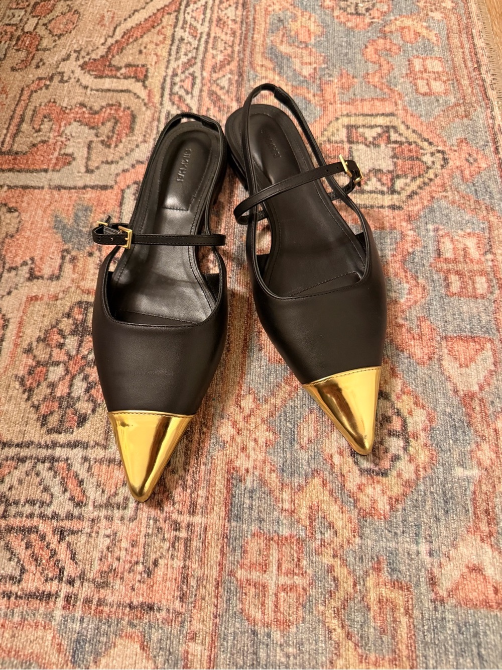 Jonathan Simkhai Black Slingback Flats with Gold Cap Toe